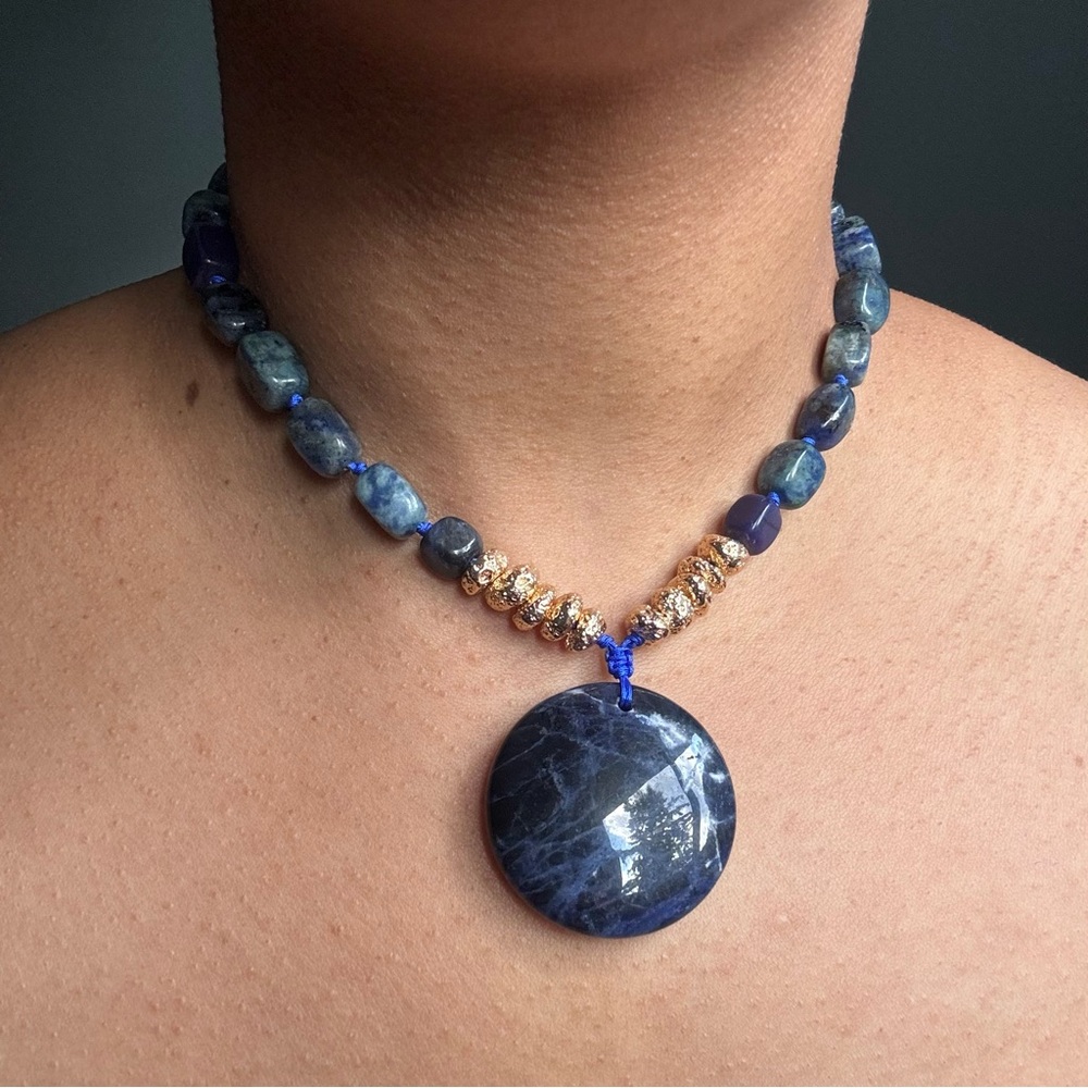 Blue and Gold Sodalite + Blue Spotted Jasper Necklace with Pendant